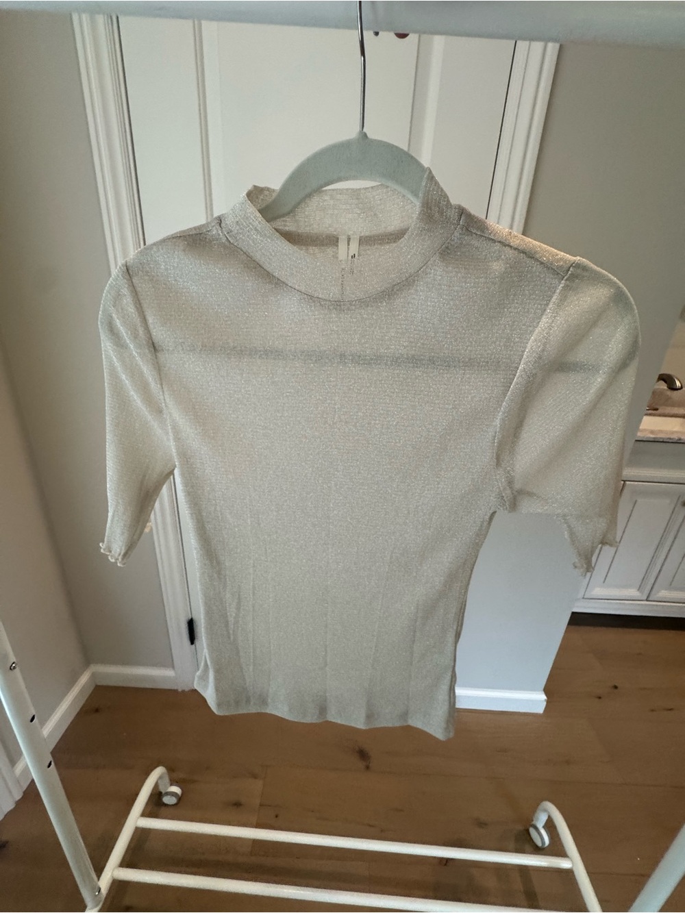 Anthropologie Light Cream Shimmer Short-Sleeve Knit Top